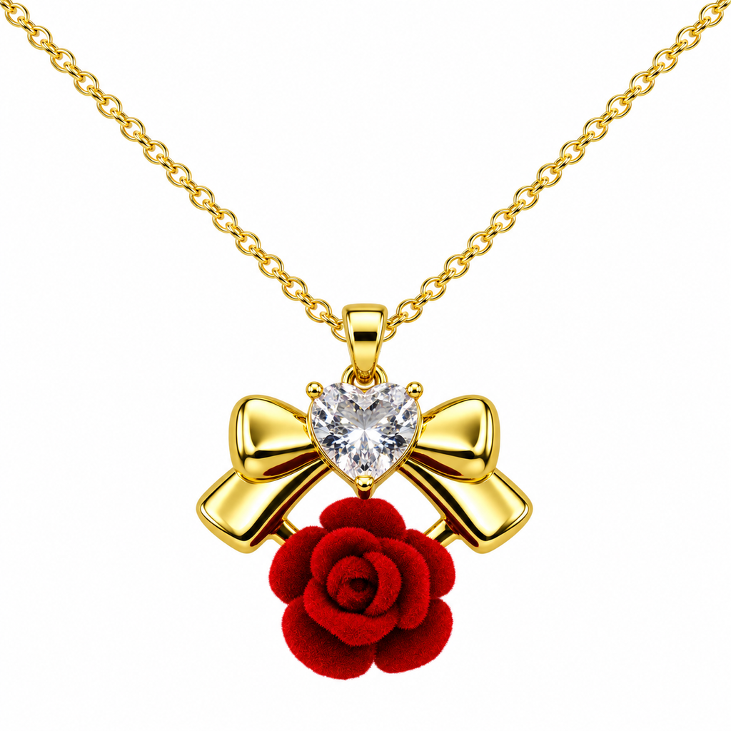 Red Rose and Gold Tone Bow Necklace, with a light-coloured heart-shaped detail, on a white background.