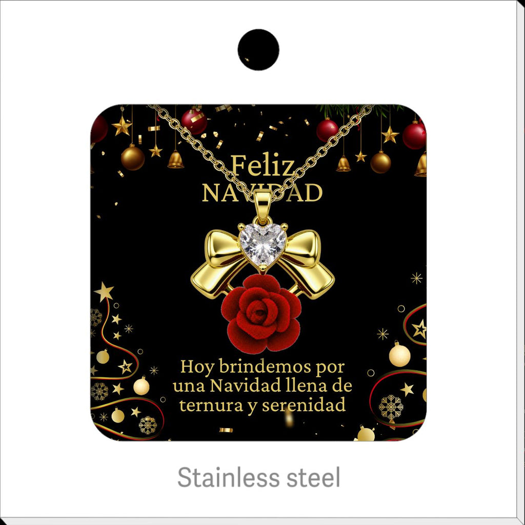 Red Rose and Gold Tone Bow Necklace, presented on a Christmas message card.