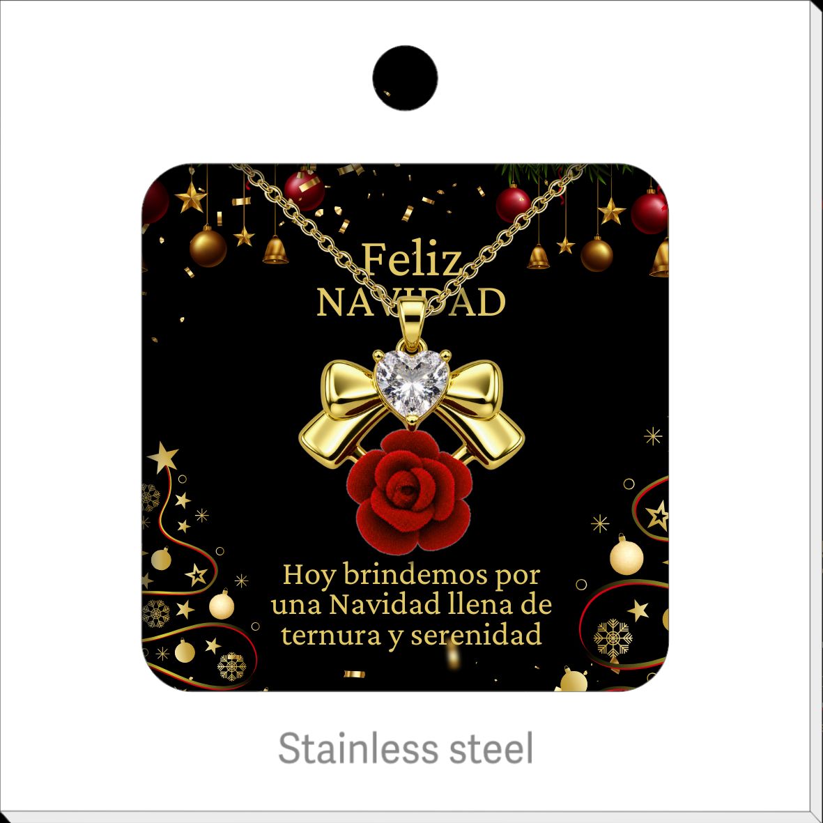 Red Rose and Gold Tone Bow Necklace, presented on a Christmas message card.