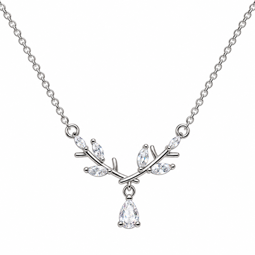 Silver Tone Branch Necklace with Teardrop Detail, with clear details, on a white background.