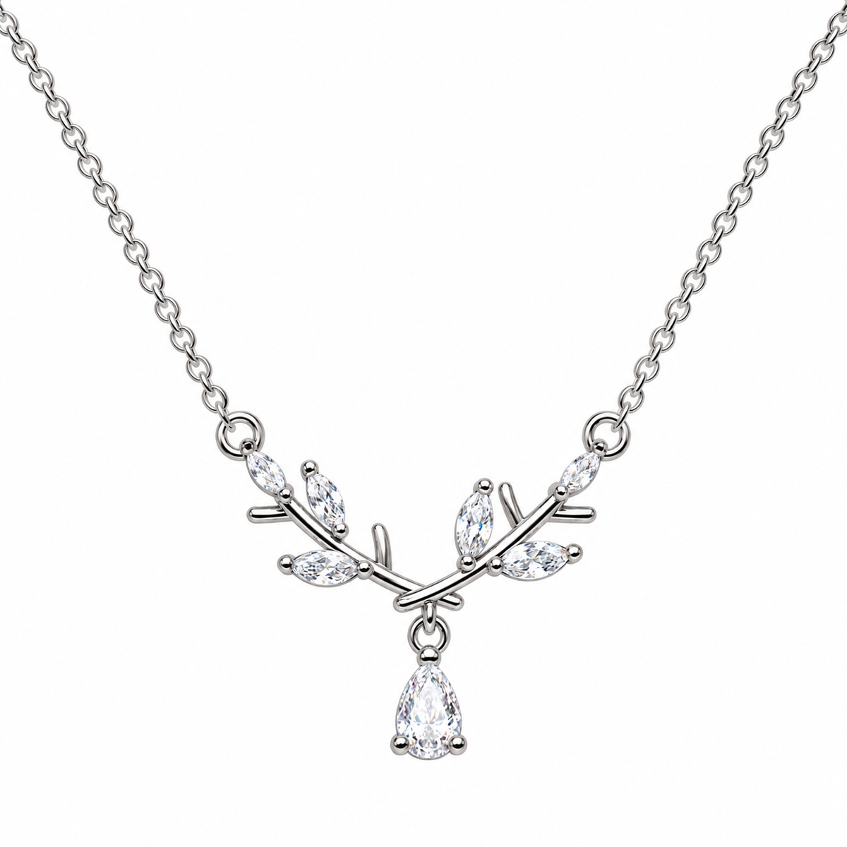 Silver Tone Branch Necklace with Teardrop Detail, with clear details, on a white background.