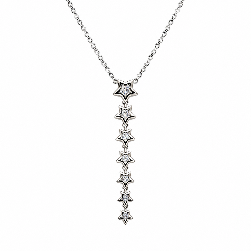 Collar de estrellas colgantes, vista frontal sobre fondo blanco.