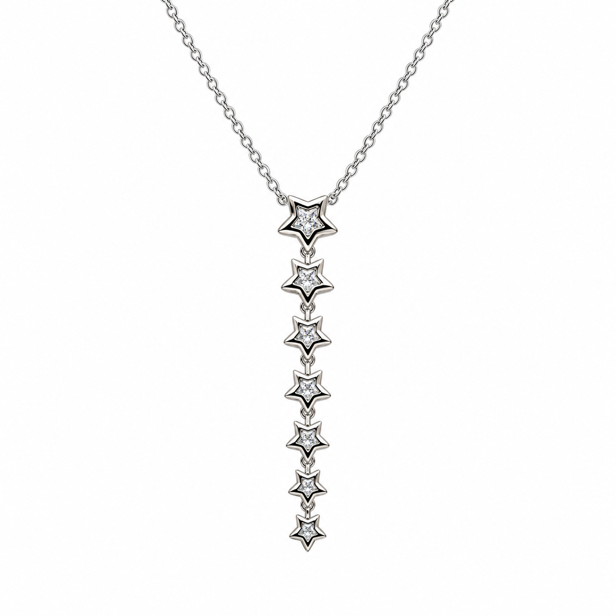 Collar de estrellas colgantes, vista frontal sobre fondo blanco.