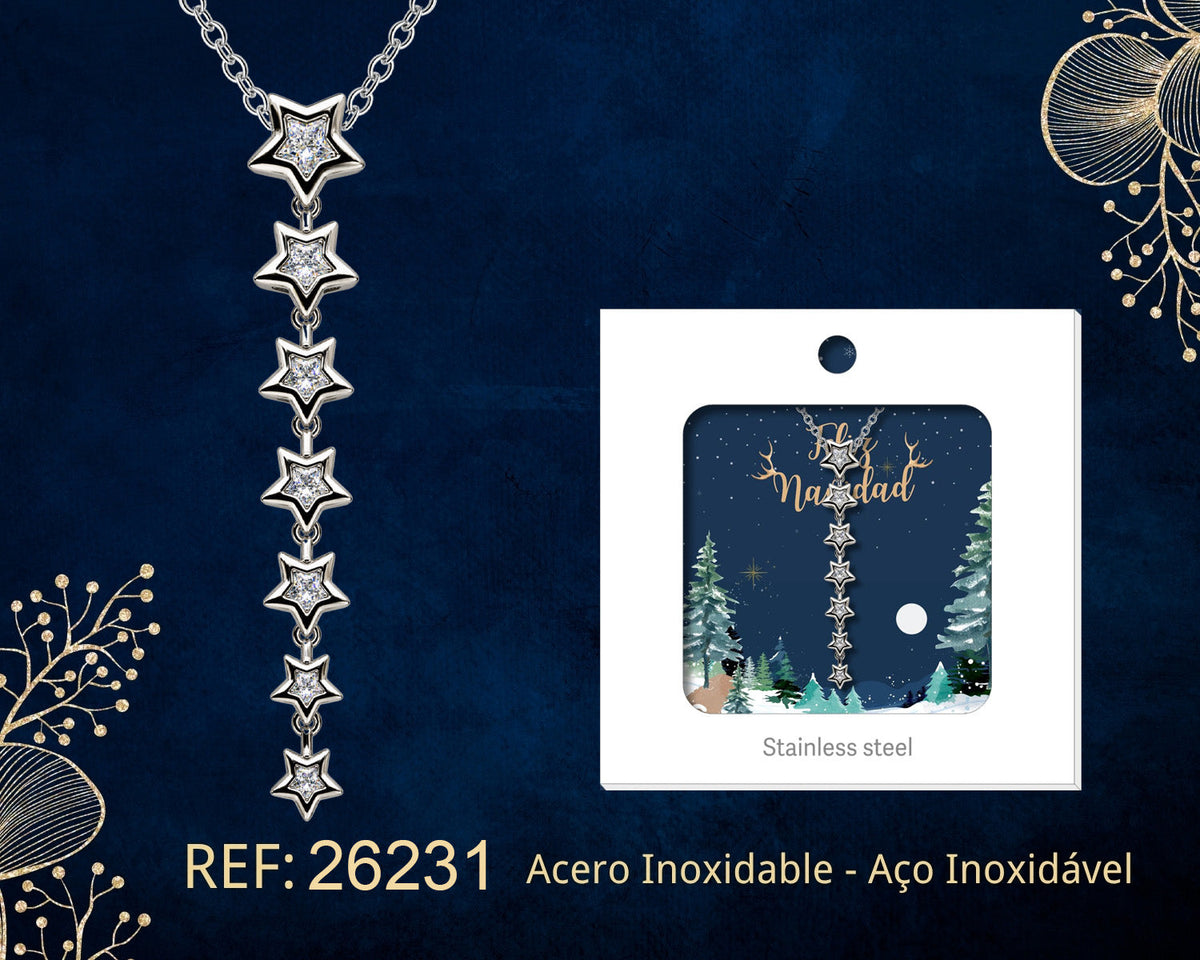 Hanging Star Necklace beside its gift message card, on a dark background.
