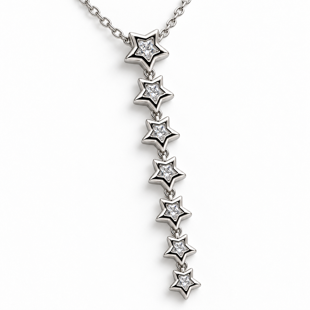 Collar de estrellas colgantes, detalle sobre una superficie blanca.