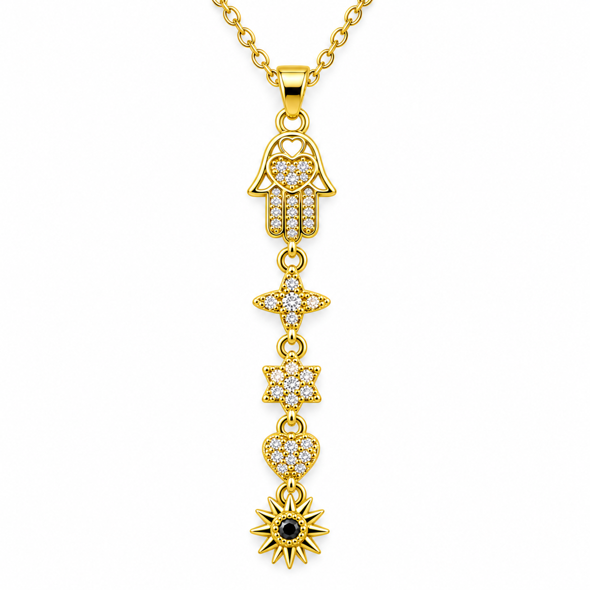 Collar dorado de mano de Fátima y motivos colgantes, primer plano de los detalles.