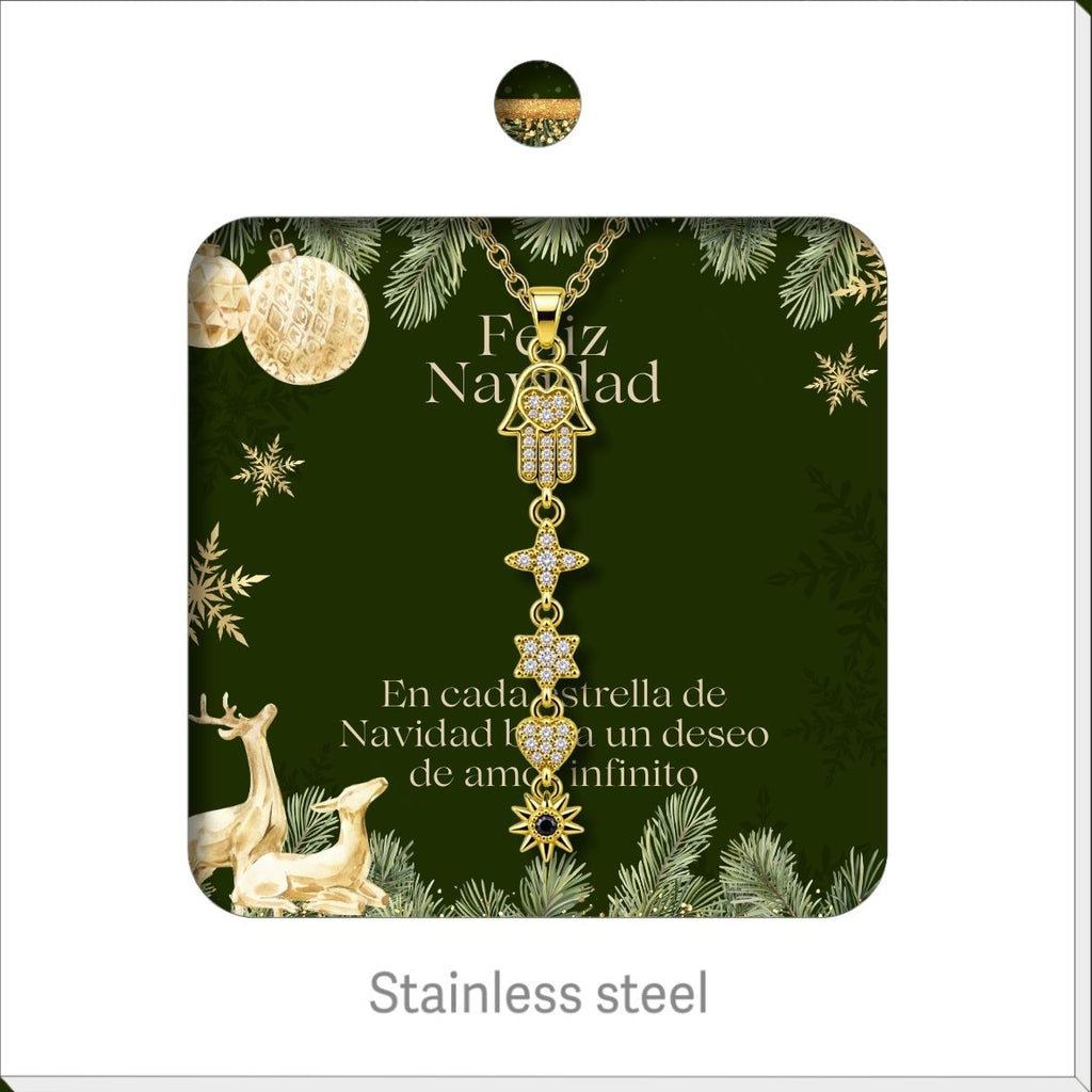 Gold Tone Hand of Fatima Necklace with Hanging Motifs, presented on a Christmas message card.