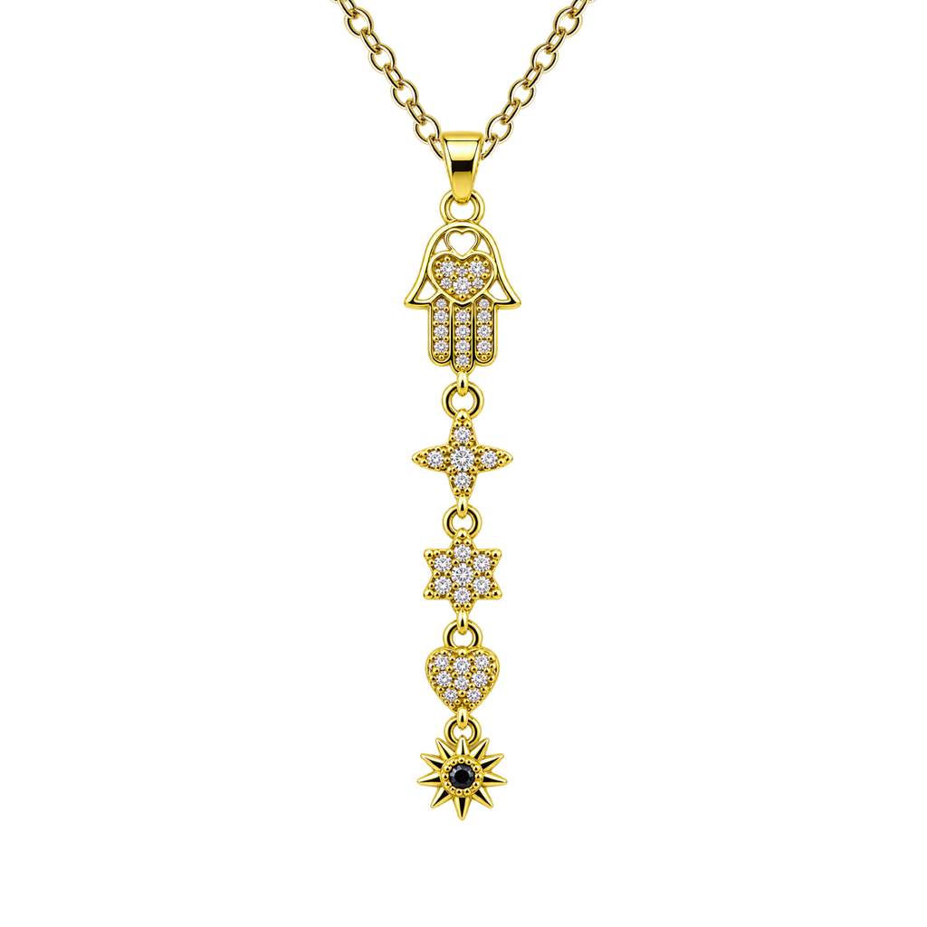 Gold Tone Hand of Fatima Necklace with Hanging Motifs, with a sun at the bottom, on a white background.