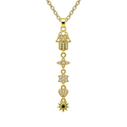 Gold Tone Hand of Fatima Necklace with Hanging Motifs, with a sun at the bottom, on a white background.
