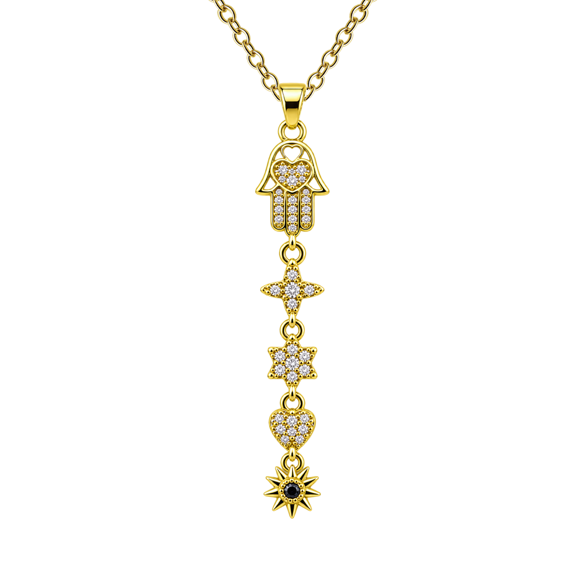 Gold Tone Hand of Fatima Necklace with Hanging Motifs, with a sun at the bottom, on a white background.