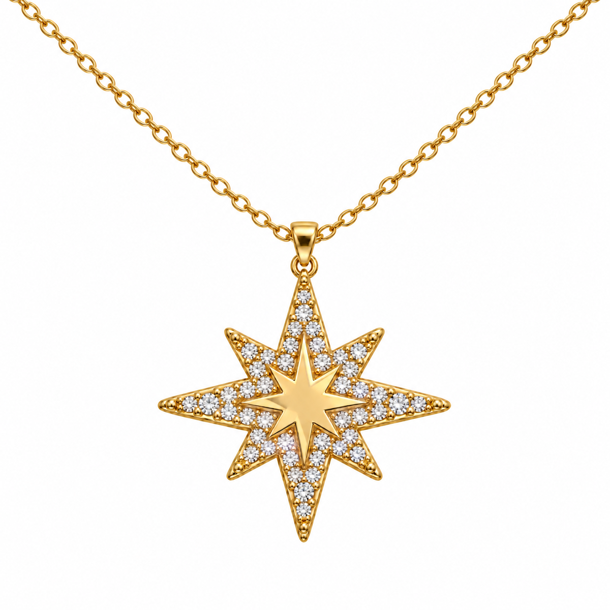 Collar de estrella dorada de ocho puntas, con contorno estrellado brillante, sobre fondo blanco.