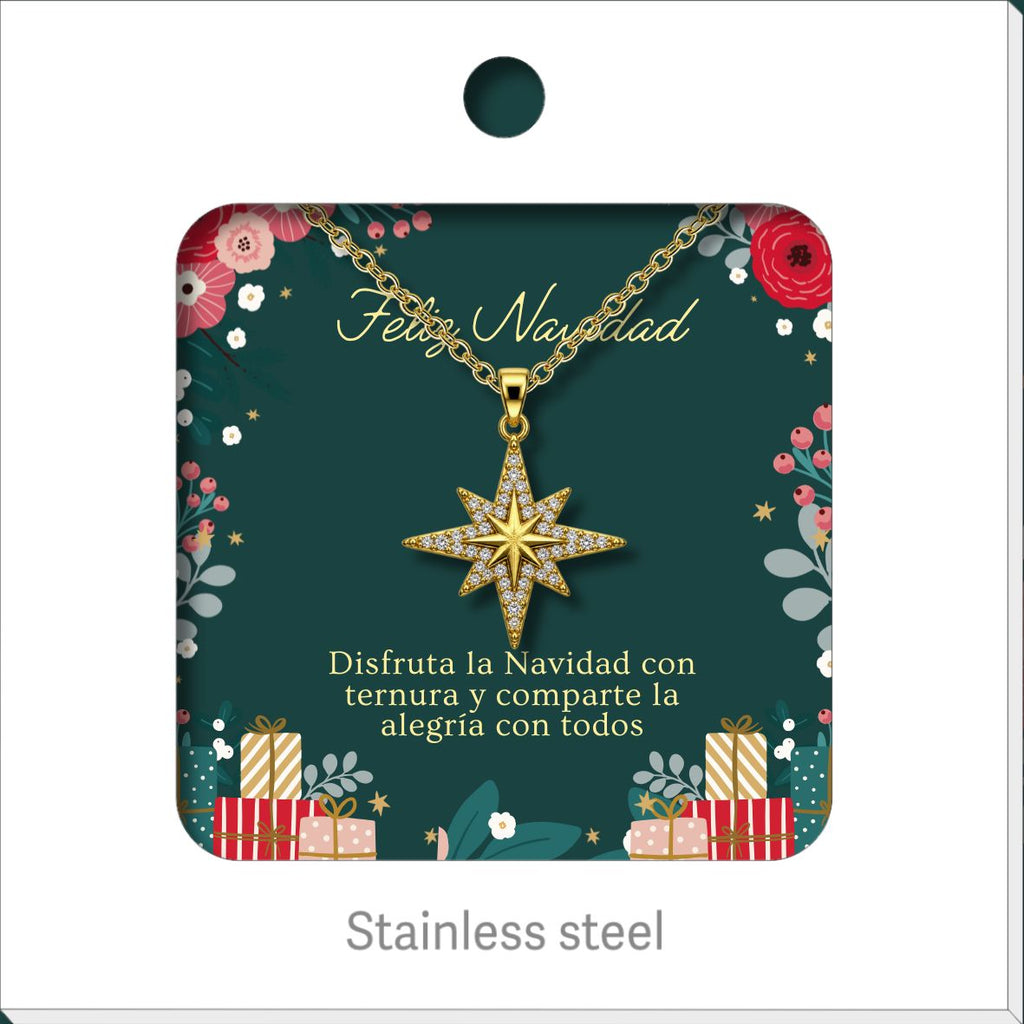 Colar de estrela dourada de oito pontas, apresentado num cartão de Natal.
