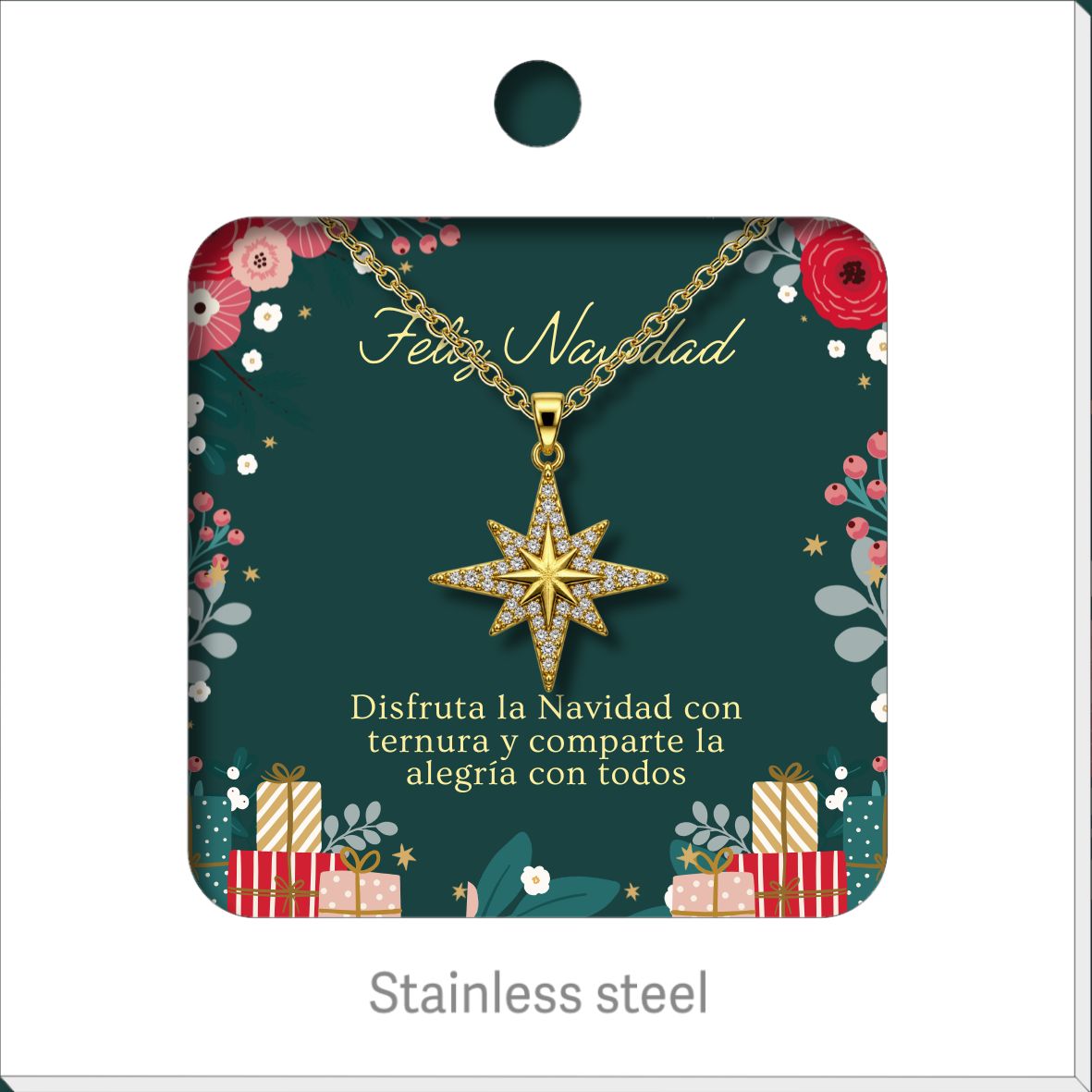 Collar de estrella dorada de ocho puntas, presentado en tarjeta navideña.
