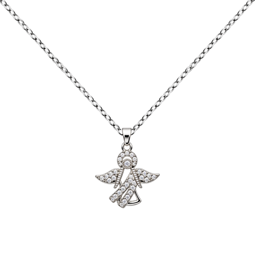 Angel Necklace with Cubic Zirconia, with outstretched wings, on a white background.