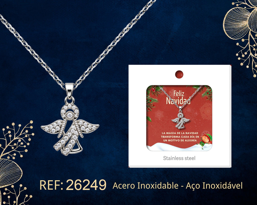 Angel Necklace with Cubic Zirconia beside its gift message card, on a dark background.