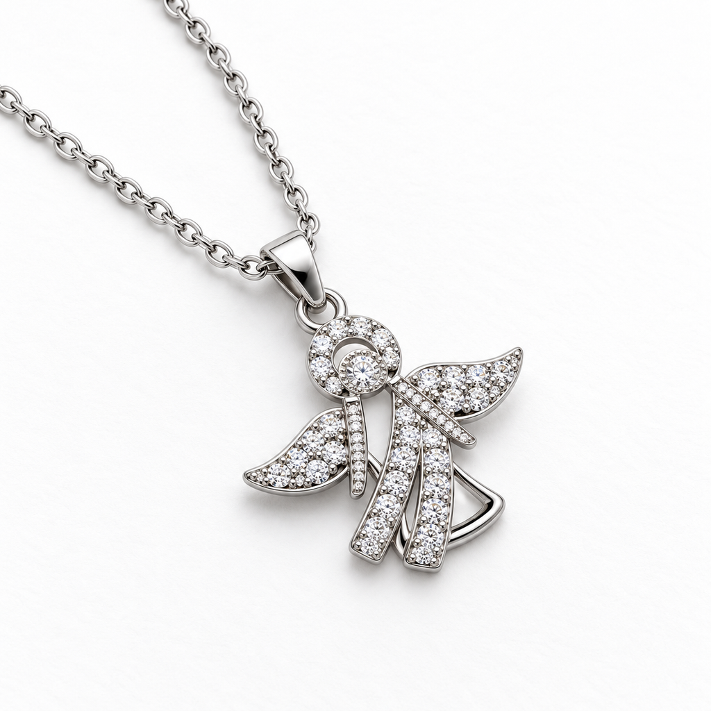 Collar de ángel con circonitas, detalle sobre una superficie blanca.