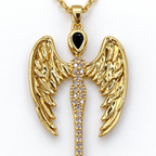 Pendant detail: gold tone wing necklace with cubic zirconia.
