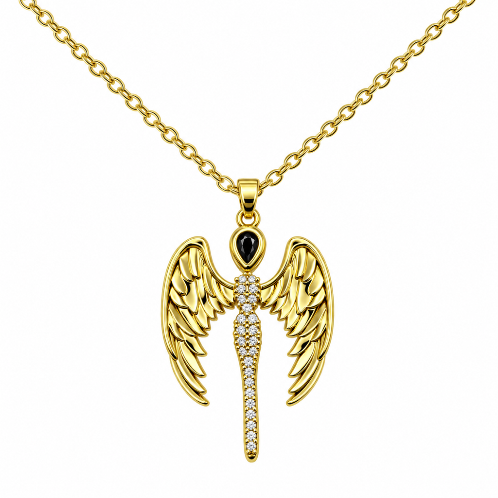 Gold Tone Wing Necklace with Cubic Zirconia, with an elongated central detail, on a white background.