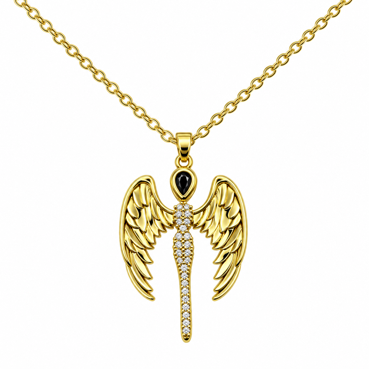 Gold Tone Wing Necklace with Cubic Zirconia, with an elongated central detail, on a white background.