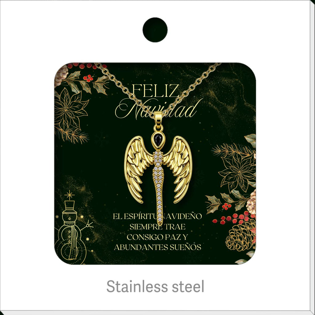 Gold Tone Wing Necklace with Cubic Zirconia, presented on a Christmas message card.