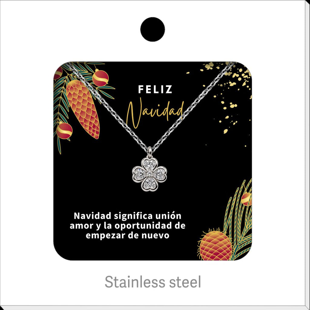 Silver Tone Four-Petal Flower Necklace, presented on a Christmas message card.