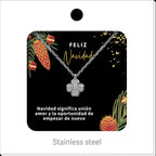 Silver Tone Four-Petal Flower Necklace, presented on a Christmas message card.