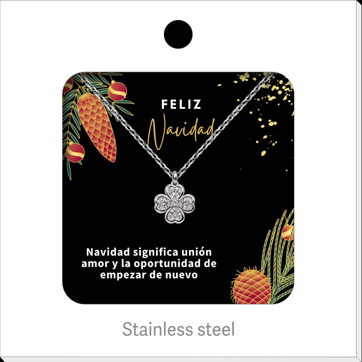 Silver Tone Four-Petal Flower Necklace, presented on a Christmas message card.