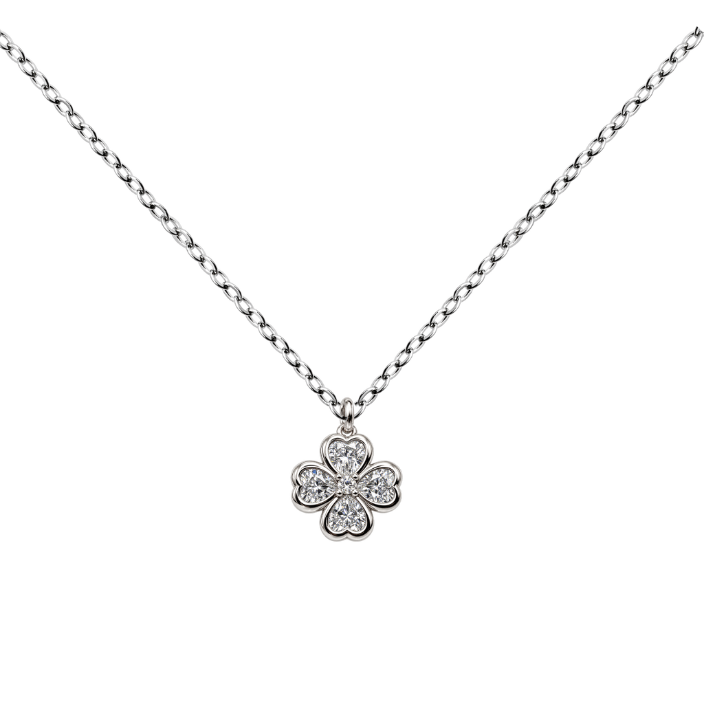 Silver Tone Four-Petal Flower Necklace, with rounded petals, on a white background.