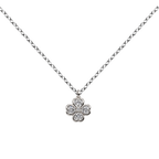 Silver Tone Four-Petal Flower Necklace, with rounded petals, on a white background.