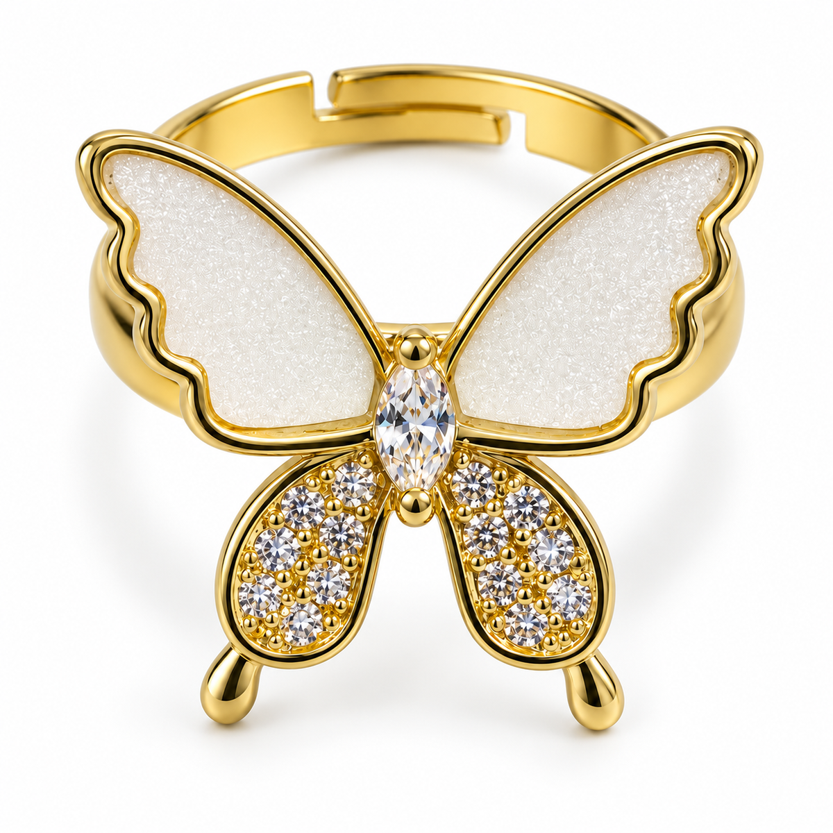 Anillo dorado de mariposa con alas blancas