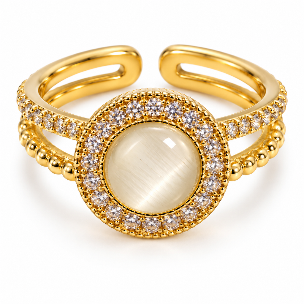 Anillo dorado de centro blanco con halo