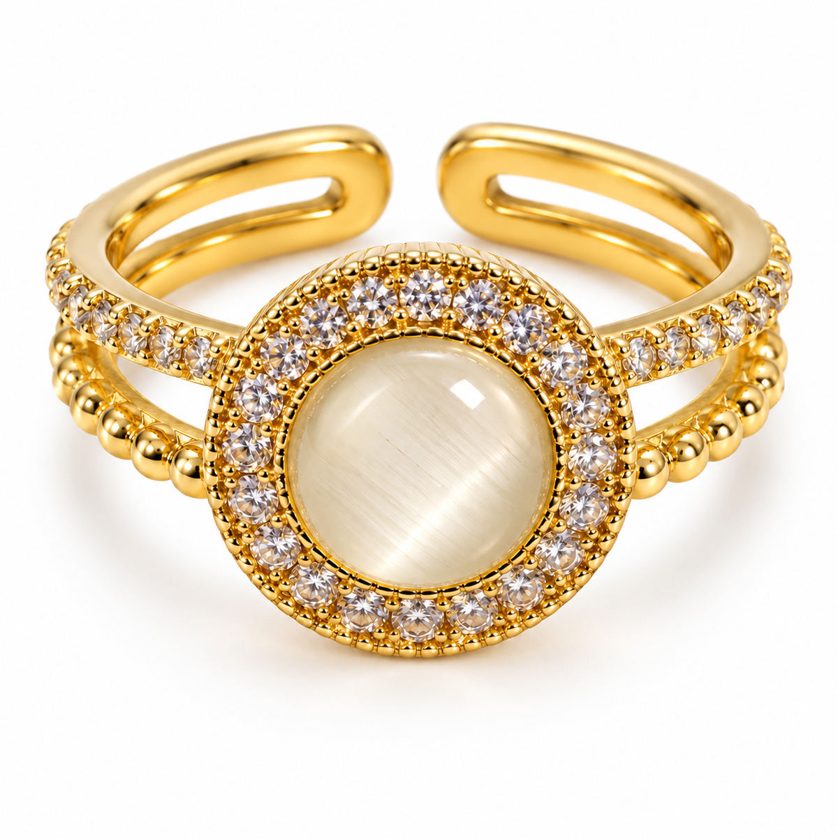 Anillo dorado de centro blanco con halo