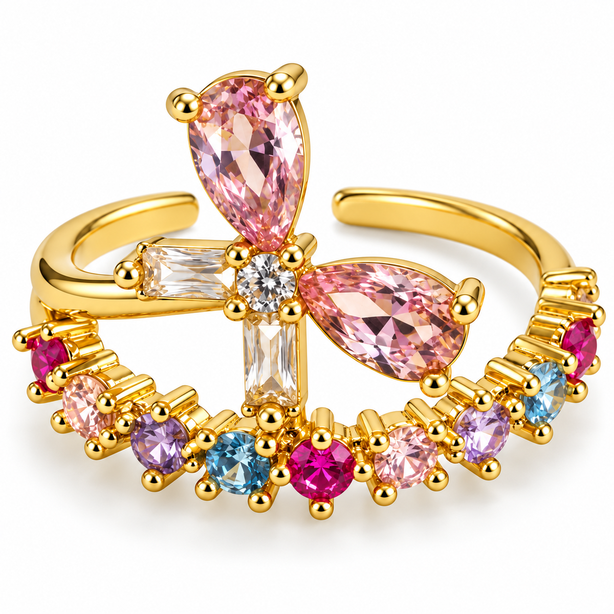 Anillo dorado de mariposa rosa multicolor