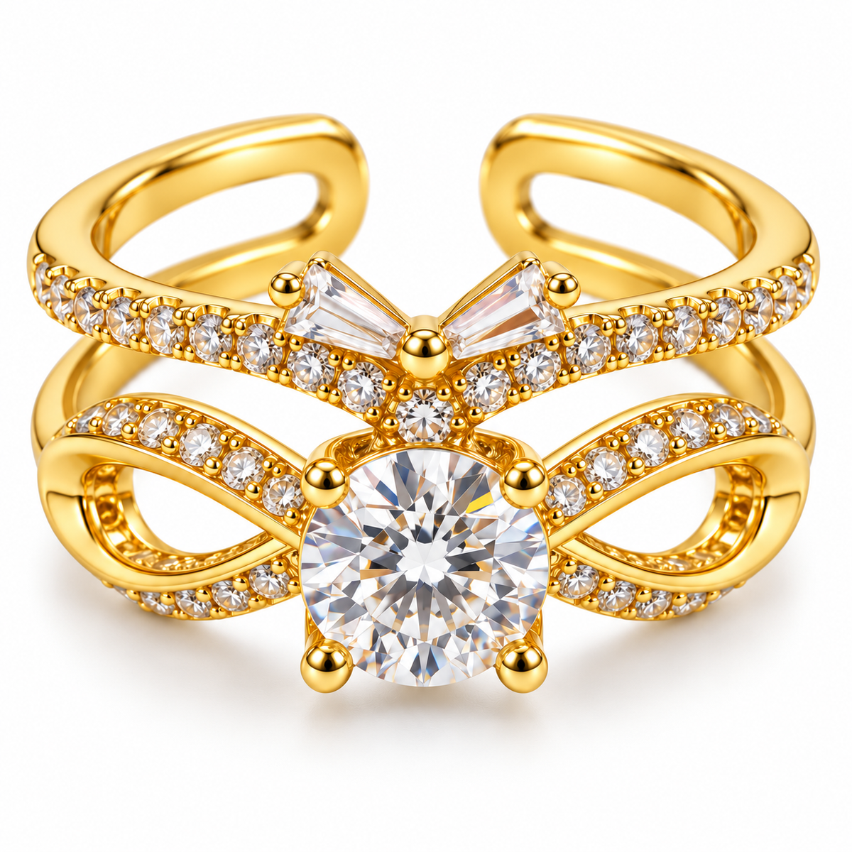 Anillo dorado de lazo y centro redondo
