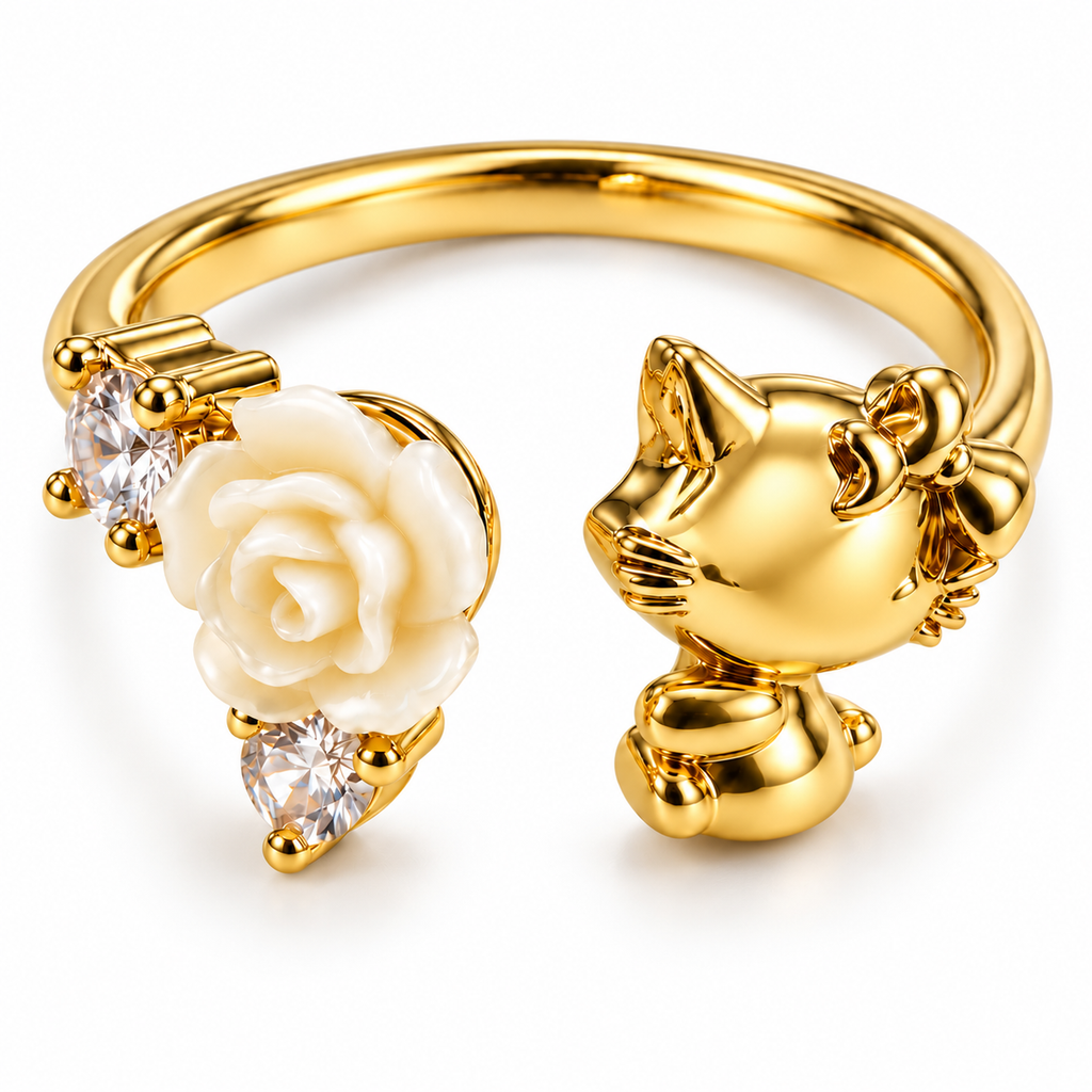 Anillo dorado de gato y rosa blanca