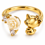 Anillo dorado de gato y rosa blanca