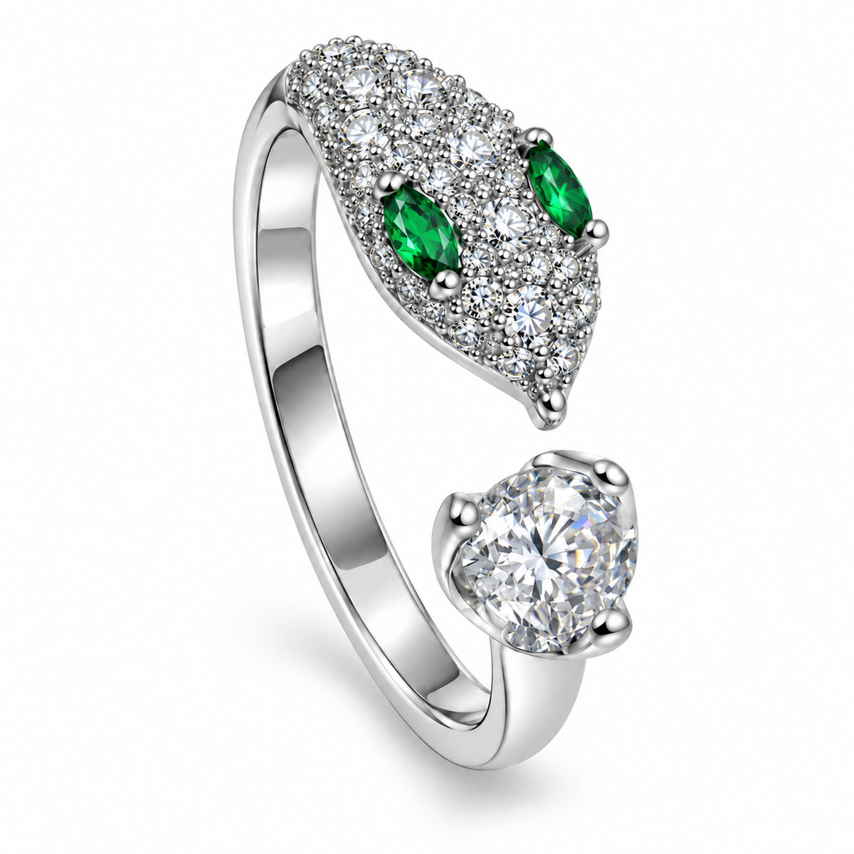 Anillo plateado de serpiente con ojos verdes