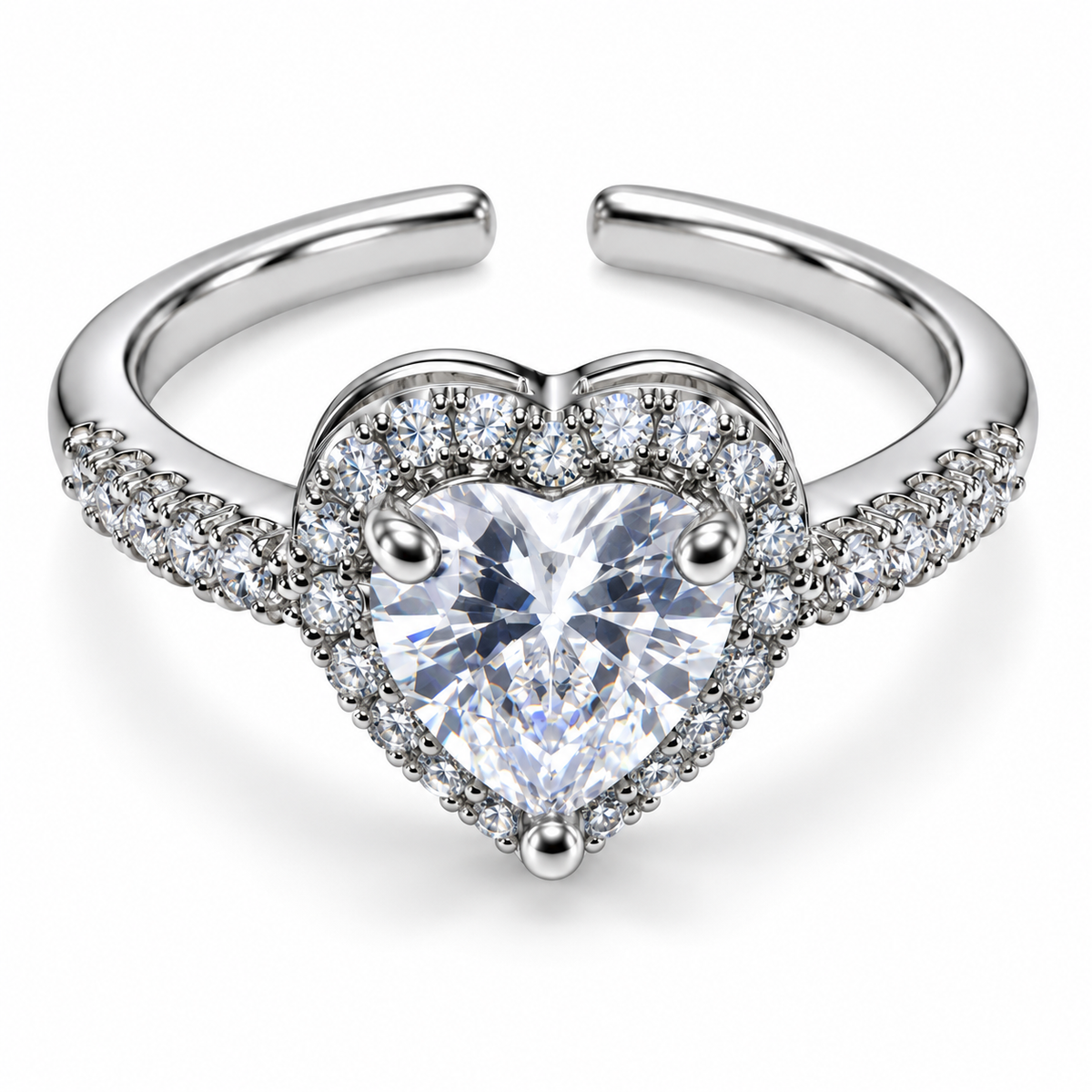 Anillo plateado de corazón con halo