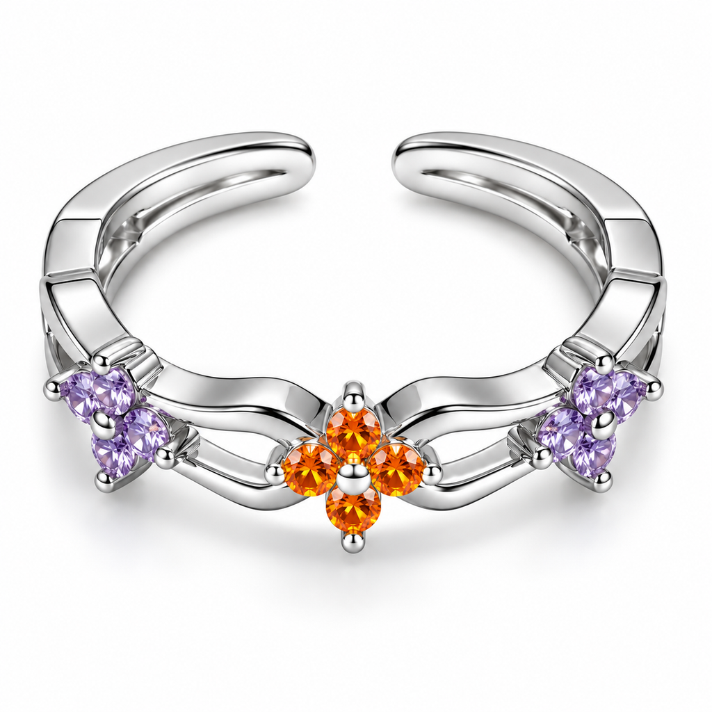 Anillo plateado de flores violetas y naranjas