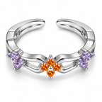 Anillo plateado de flores violetas y naranjas