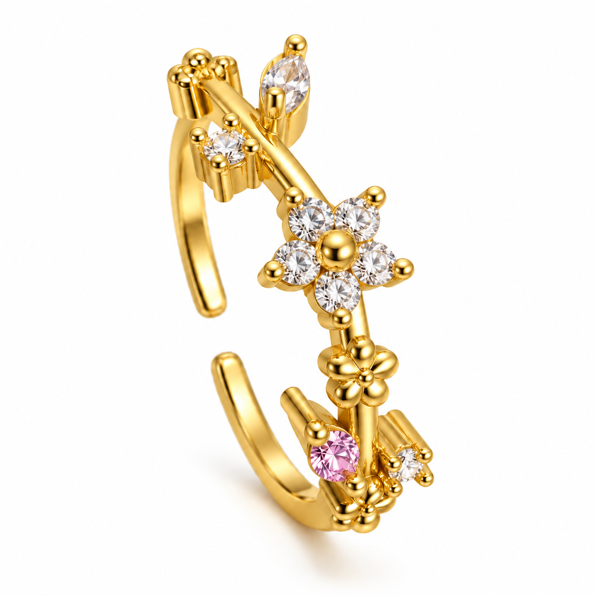 Anillo dorado de flores y ramas con detalle rosa