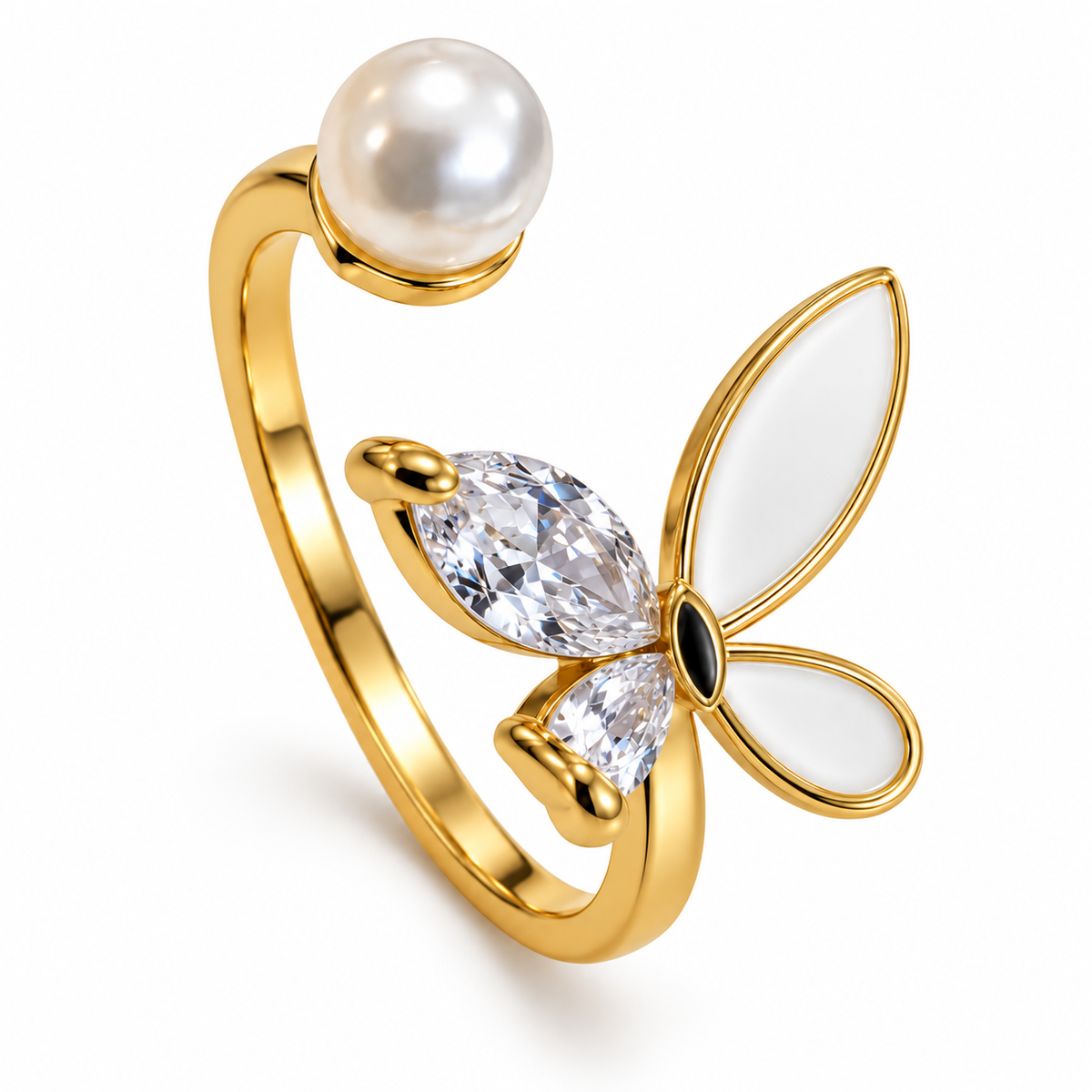Anillo dorado de mariposa blanca y esfera