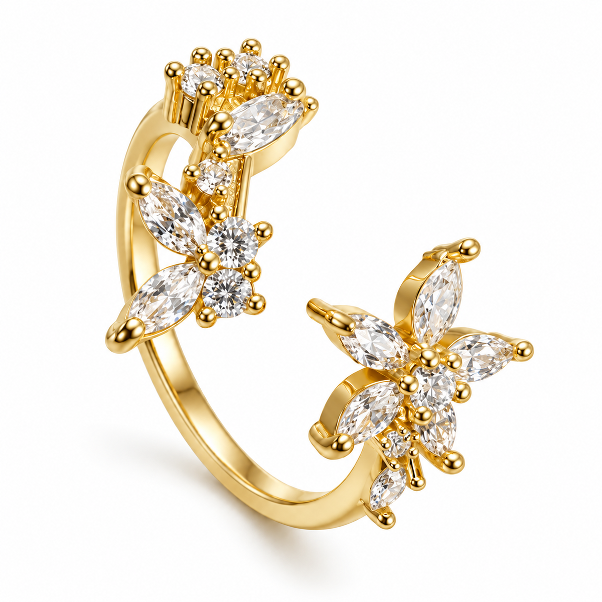 Anillo dorado de dos flores alargadas