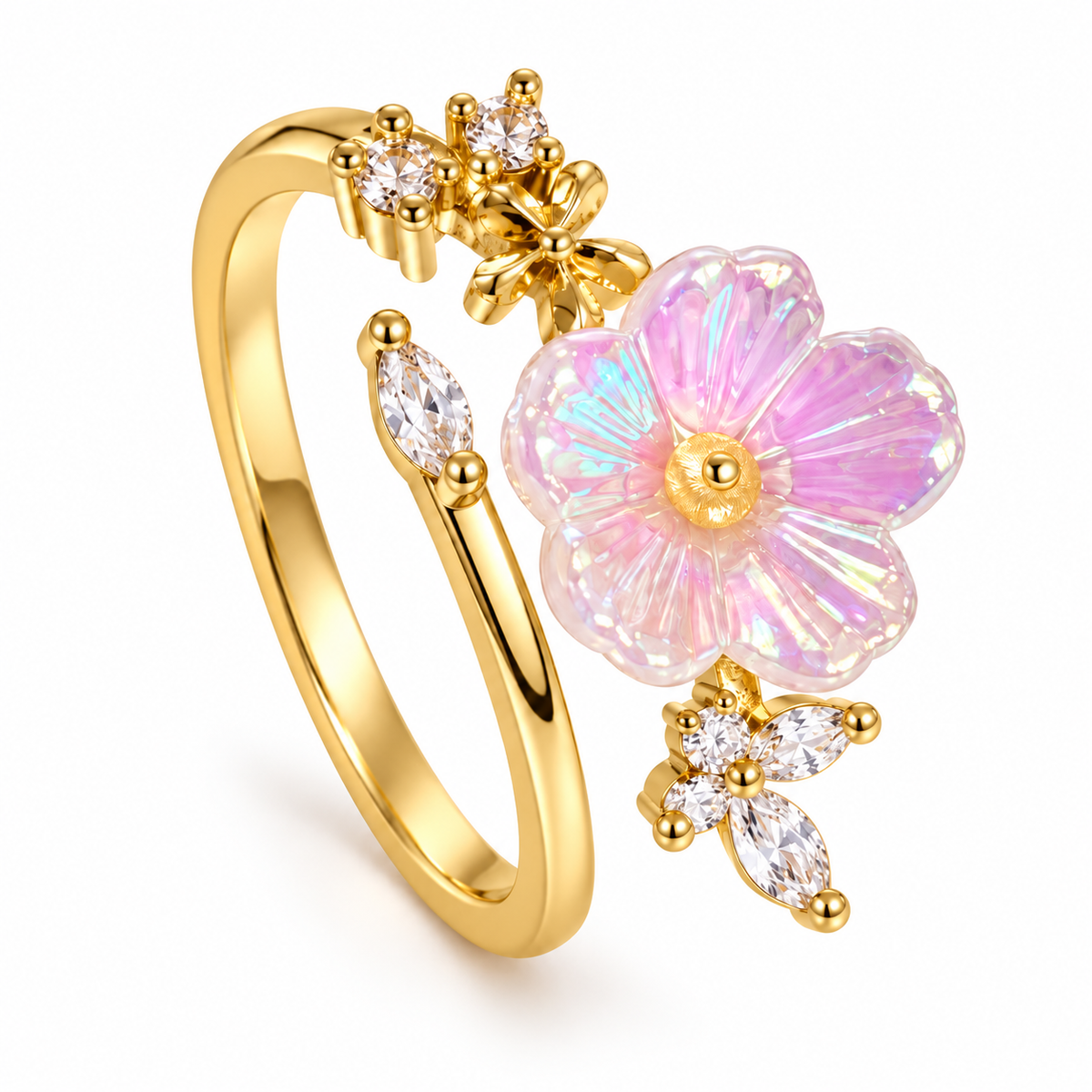 Anillo dorado de flor rosa con reflejos
