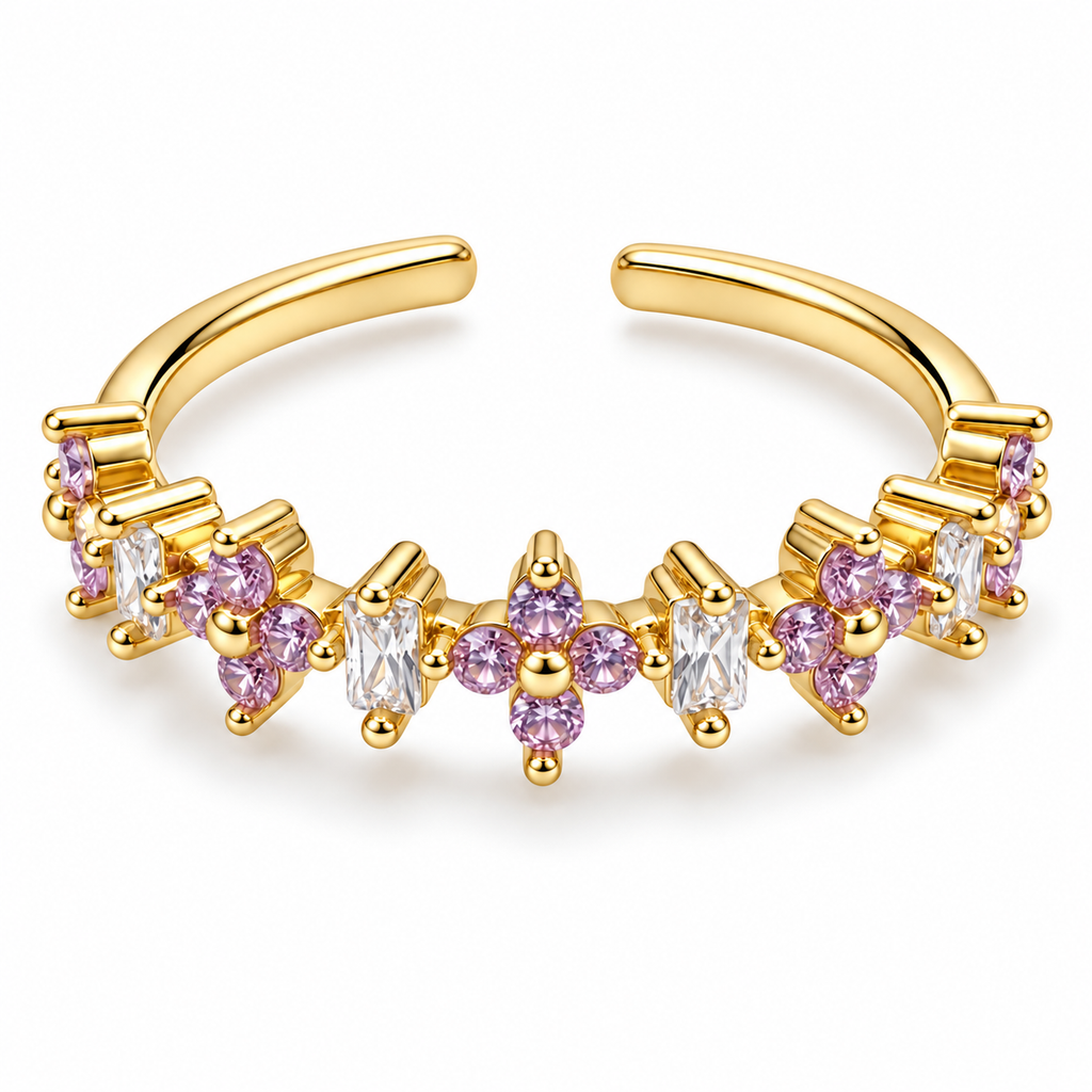 Anillo dorado de flores violetas y detalles rectangulares