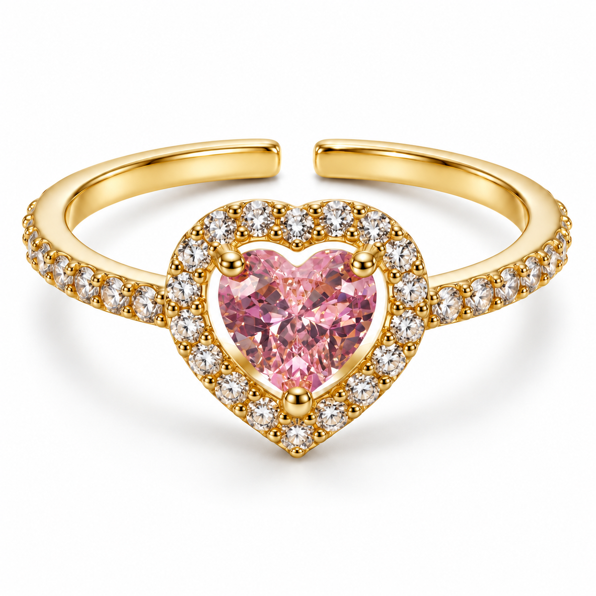 Anillo dorado de corazón rosa con halo