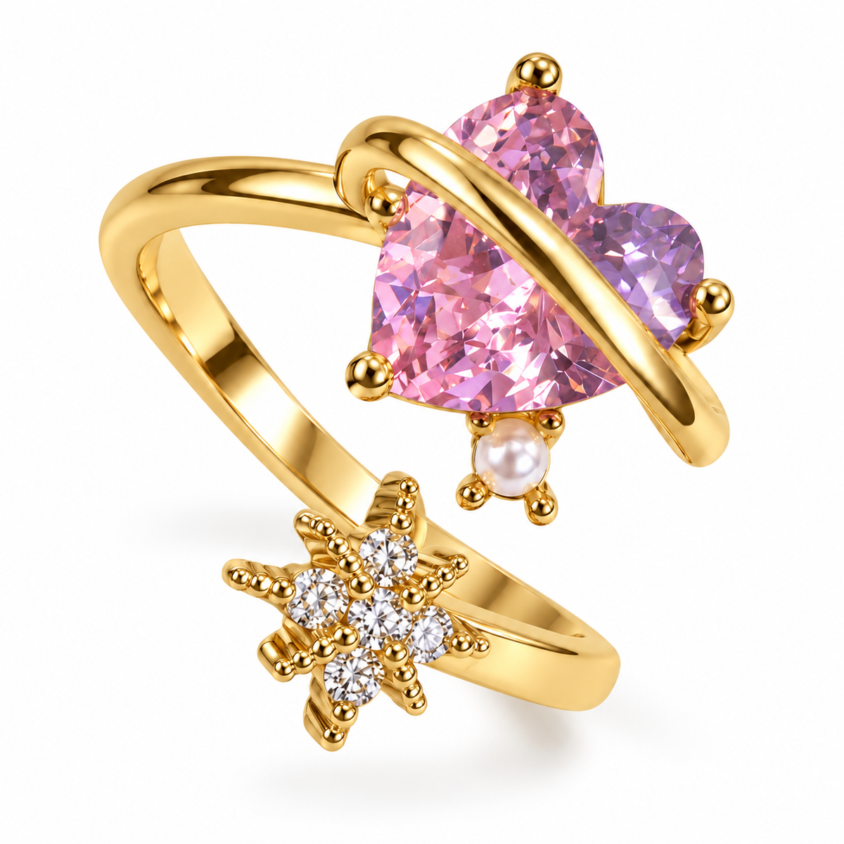 Anillo dorado de corazón rosa y flor