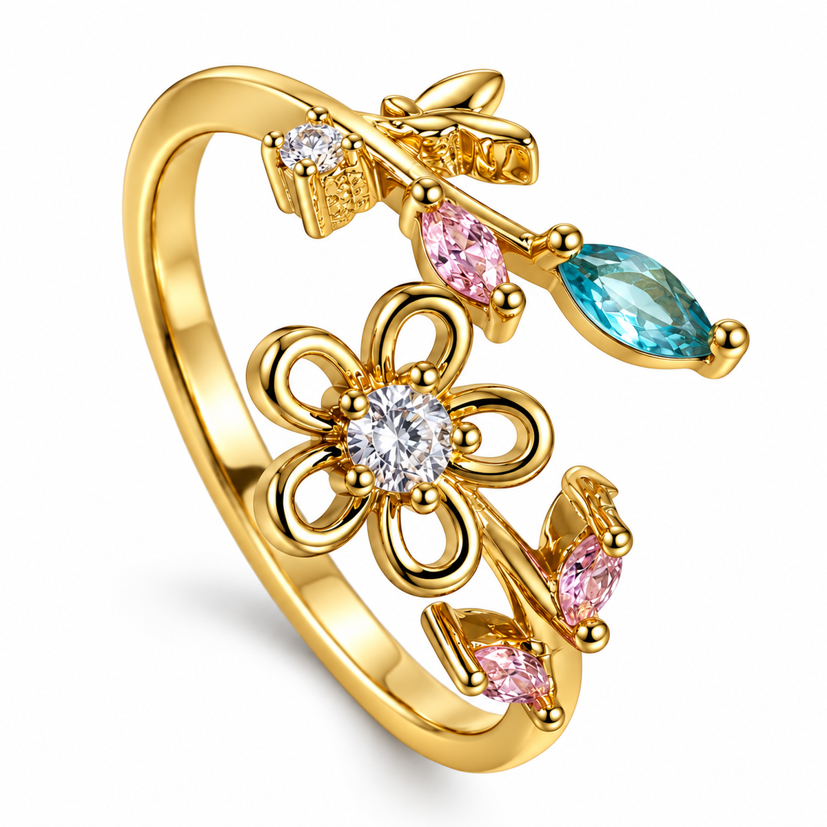 Anillo dorado de flor calada y hojas de colores