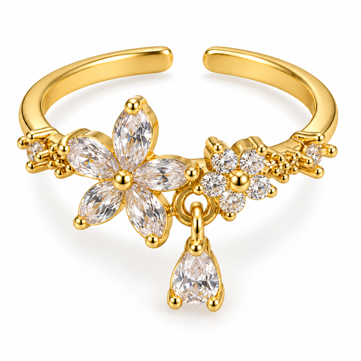 Anillo dorado de flores con detalle colgante