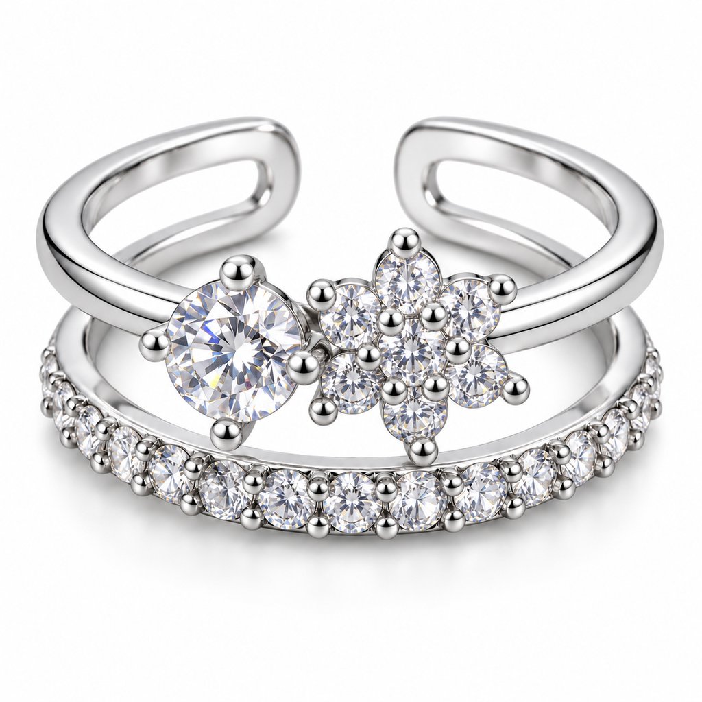 Anillo plateado de flor y centro redondo